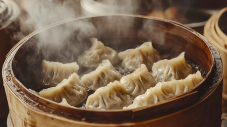 A close-up of delicious mandu being steamed in a bamboo basket, showcasing the delicate craftsmanship and rich flavors of these traditional dumplings.の素材