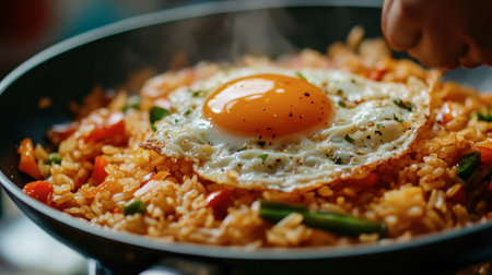 A close-up of savory kimchi fried rice being cooked in a pan, with colorful vegetables and a perfectly fried egg on top, showcasing home-cooked comfort food.の素材