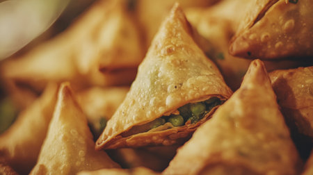 A close-up of freshly made Indian samosas filled with spiced potatoes and peas, served with mint chutney for a delicious appetizer.の素材