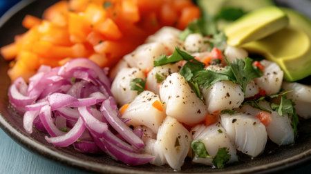 A colorful plate of Peruvian ceviche, featuring fresh fish marinated in citrus juices, garnished with red onions, cilantro, and avocado.の素材