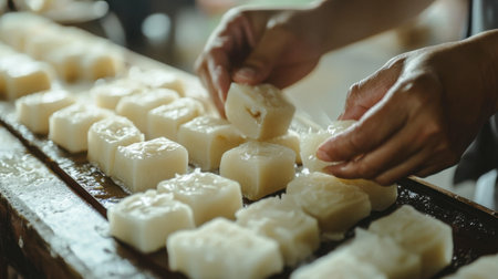 A close-up of traditional Thai sweets being made in a local shop, highlighting the intricate preparation process.の素材