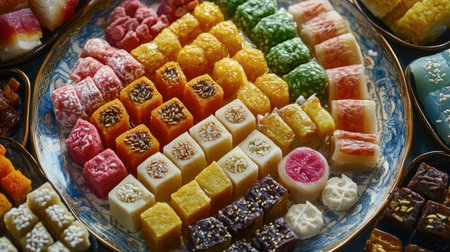 A colorful array of traditional Korean sweets (tteok) displayed on a decorative plate, showcasing the variety of textures and flavors available.の素材