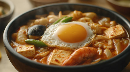 A close-up shot of a bowl of sundubu jjigae (soft tofu stew), with silken tofu, seafood, and vegetables simmering in a spicy broth, topped with an egg.の素材