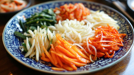 A colorful plate of Korean pickled vegetables (jangajji), highlighting the variety and importance of side dishes in Korean meals.の素材