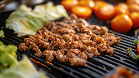 A close-up of spicy pork bulgogi being grilled, surrounded by fresh vegetables and served with lettuce wraps, showcasing the flavors of Korean BBQ.の素材