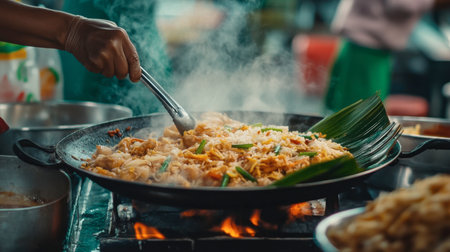 A close-up of traditional Thai street food being prepared at a night market in Satun, showcasing local flavors and culinary skills.の素材