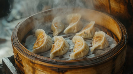 A close-up of delicious mandu being steamed in a bamboo basket, showcasing the delicate craftsmanship and rich flavors of these traditional dumplings.の素材
