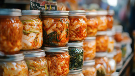 A colorful market display featuring various types of kimchi, highlighting the variety and importance of this traditional fermented dish in Korean cuisine.の素材