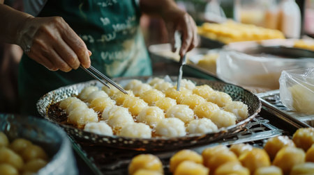 A close-up of traditional Thai sweets being made in a local shop, highlighting the intricate preparation process.の素材