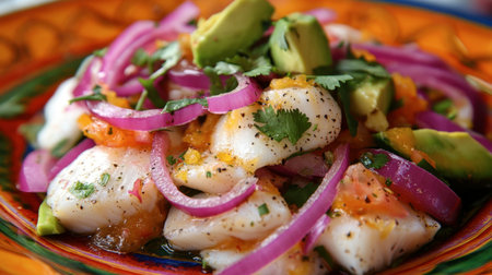 A colorful plate of Peruvian ceviche, featuring fresh fish marinated in citrus juices, garnished with red onions, cilantro, and avocado.の素材