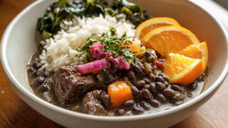 A colorful presentation of Brazilian feijoada, a black bean stew with pork, served with rice, collard greens, and orange slices for a flavorful meal.の素材
