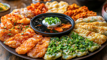 A colorful platter of Korean pancakes (jeon), featuring ingredients like green onions, seafood, and kimchi, served with a soy dipping sauce.の素材