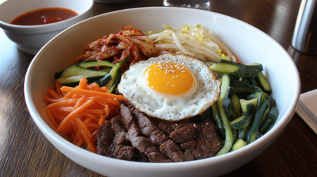 A delightful bowl of Korean bibimbap, showcasing colorful vegetables, marinated beef, and a fried egg, all mixed with spicy gochujang sauce.の素材