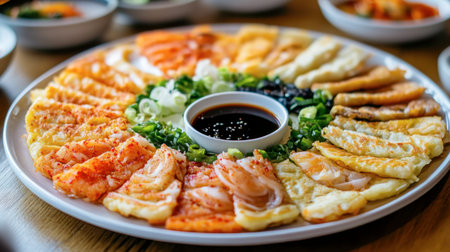 A colorful platter of Korean pancakes (jeon), featuring ingredients like green onions, seafood, and kimchi, served with a soy dipping sauce.の素材