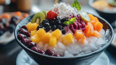 A delicious bowl of patbingsu, featuring shaved ice topped with sweet red beans, fruit, and condensed milk, perfect for a hot day.の素材