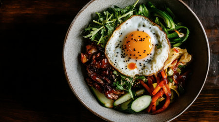 A delightful bowl of Korean bibimbap, showcasing colorful vegetables, marinated beef, and a fried egg, all mixed with spicy gochujang sauce.の素材