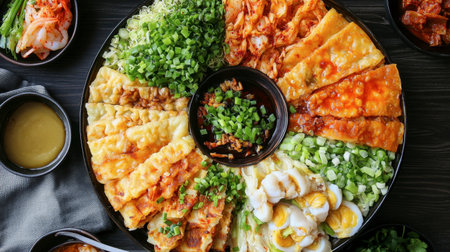 A colorful platter of Korean pancakes (jeon), featuring ingredients like green onions, seafood, and kimchi, served with a soy dipping sauce.の素材