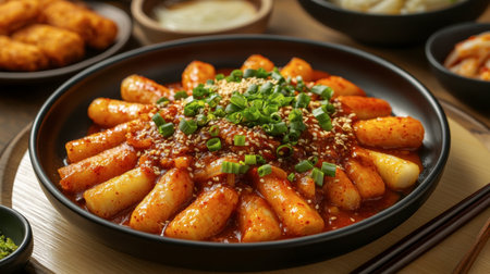 A delicious plate of tteokbokki, featuring chewy rice cakes in a spicy gochujang sauce, garnished with green onions and fish cakes, served in a traditional Korean setting.の素材