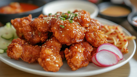 A mouthwatering plate of Korean fried chicken, crispy and golden brown, served with a side of pickled radish and a variety of flavorful sauces for dipping.の素材