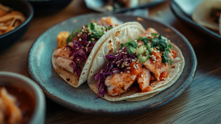 A delightful plate of Korean-style fish tacos, featuring fresh fish, spicy sauce, and colorful toppings, showcasing a fusion of flavors and cultures.の素材