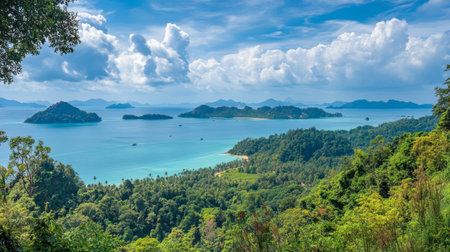A panoramic view from the top of a hill overlooking the islands of Satun, capturing the vastness of the Andaman Sea.の素材