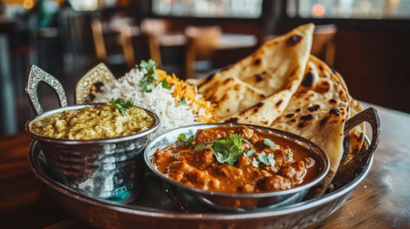 A mouthwatering platter of Indian curries, featuring a variety of colors and textures, served with naan bread and basmati rice, showcasing the diversity of Indian cuisine.の素材