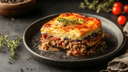 A mouthwatering serving of Greek moussaka, layered with eggplant, ground meat, and bchamel sauce, presented beautifully on a plate.の素材