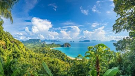 A panoramic view of the beautiful coastline of Phang Nga, with clear blue waters and lush tropical vegetation.の素材