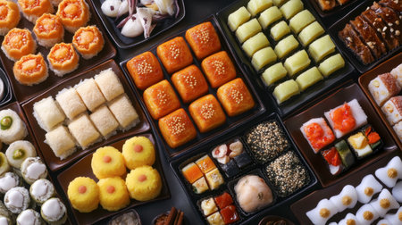 A delightful assortment of Korean sweets, including rice cakes and traditional pastries, beautifully arranged for a festive celebration.の素材