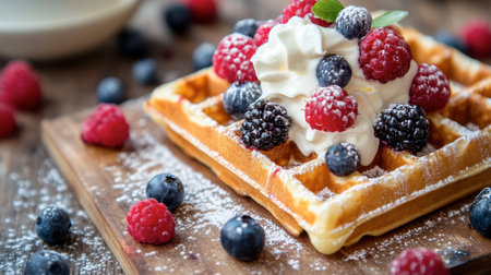 A delightful serving of Belgian waffles topped with fresh berries and whipped cream, showcasing the sweetness of this iconic dessert.の素材