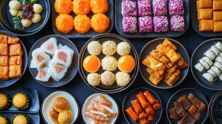 A delightful assortment of Korean sweets, including rice cakes and traditional pastries, beautifully arranged for a festive celebration.の素材