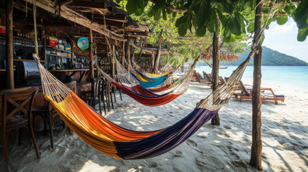A picturesque beach bar on Koh Lipe, with colorful hammocks and inviting seating for visitors to relax and enjoy the view.の素材