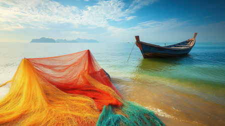 A picturesque fishing boat with colorful nets on the shore of Satun, capturing the essence of local fishing culture.の素材