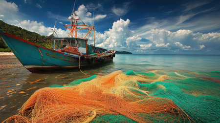 A picturesque fishing boat with colorful nets on the shore of Satun, capturing the essence of local fishing culture.の素材