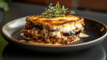 A mouthwatering serving of Greek moussaka, layered with eggplant, ground meat, and bchamel sauce, presented beautifully on a plate.の素材