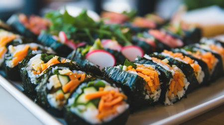 A beautifully arranged platter of gimbap, with vibrant ingredients like pickled radish, spinach, and carrots wrapped in seaweed, ready to be sliced and enjoyed.の素材