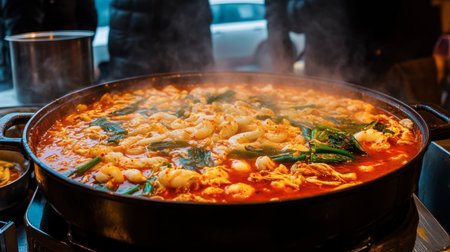 A bustling food stall in Korea serving spicy seafood soup (jjamppong), with vibrant vegetables and seafood in a rich red broth.の素材