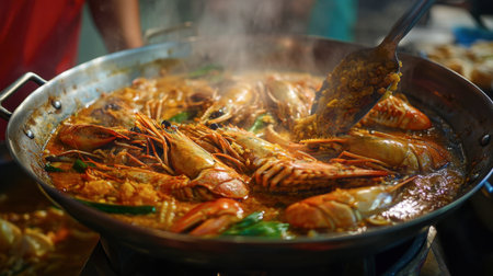 A close-up of traditional Thai street food being prepared at a night market in Satun, showcasing local flavors and culinary skills.の素材