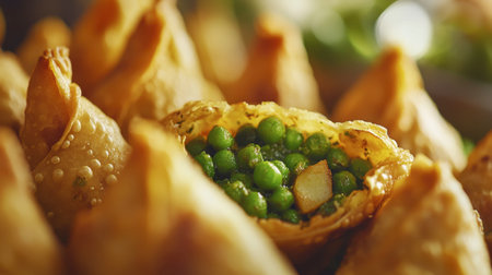 A close-up of freshly made Indian samosas filled with spiced potatoes and peas, served with mint chutney for a delicious appetizer.の素材