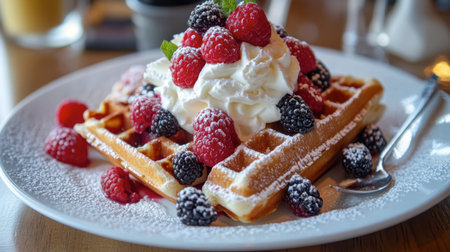 A delightful serving of Belgian waffles topped with fresh berries and whipped cream, showcasing the sweetness of this iconic dessert.の素材
