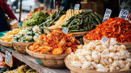 A colorful market display featuring various types of kimchi, highlighting the variety and importance of this traditional fermented dish in Korean cuisine.の素材