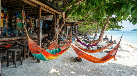 A picturesque beach bar on Koh Lipe, with colorful hammocks and inviting seating for visitors to unwind.の素材