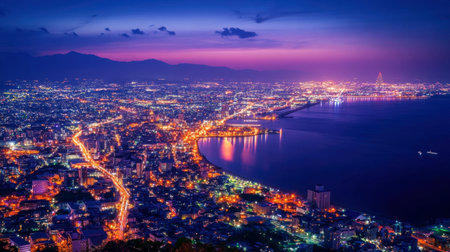 A breathtaking view of the Hakodate Night View, with the sparkling city lights stretching out along the coastline.の素材