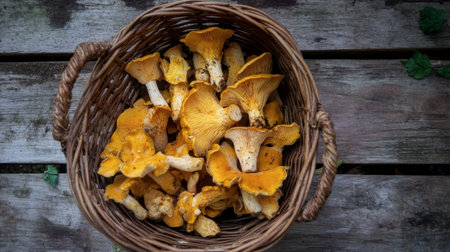 A basket filled with freshly harvested wild mushrooms, including chanterelles, morels, and porcini, placed on a rustic wooden table.の素材