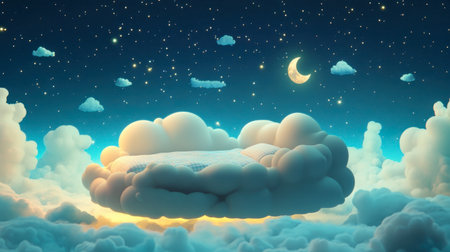 A cartoon bed shaped like a cloud, floating in a dreamlike sky with stars and a moon, surrounded by a soft, glowing atmosphere.の素材