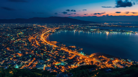 A breathtaking view of the Hakodate Night View, with the sparkling city lights stretching out along the coastline.の素材