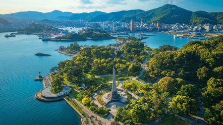 A bird's-eye view of the Nagasaki Peace Park, with the iconic Peace Statue symbolizing hope for a peaceful future.の素材