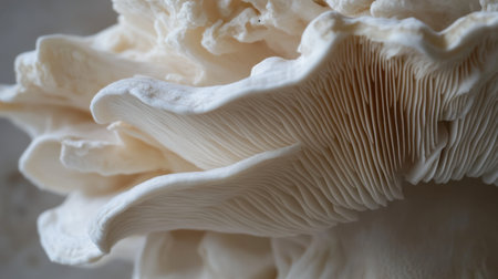 A close-up of the intricate gills on the underside of a large oyster mushroom, revealing the fine, delicate details.の素材