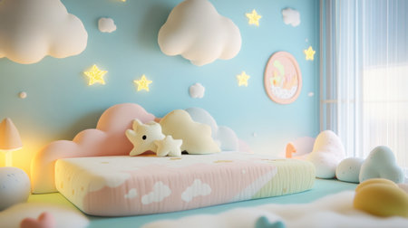 A cartoon-style bed with clouds, stars, and pastel bedding, placed in a soft, dreamy nursery with cute wall art.の素材