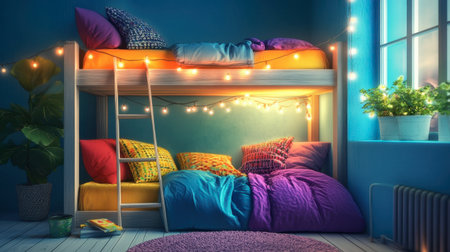 A cartoon-style bunk bed, with a ladder leading to the top bunk, filled with colorful bedding and decorative lights.の素材